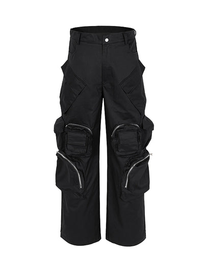 BLACK CARGO PANTS WITH MULTIPLE POCKETS WORKWEAR WIDE LEG DESIGN