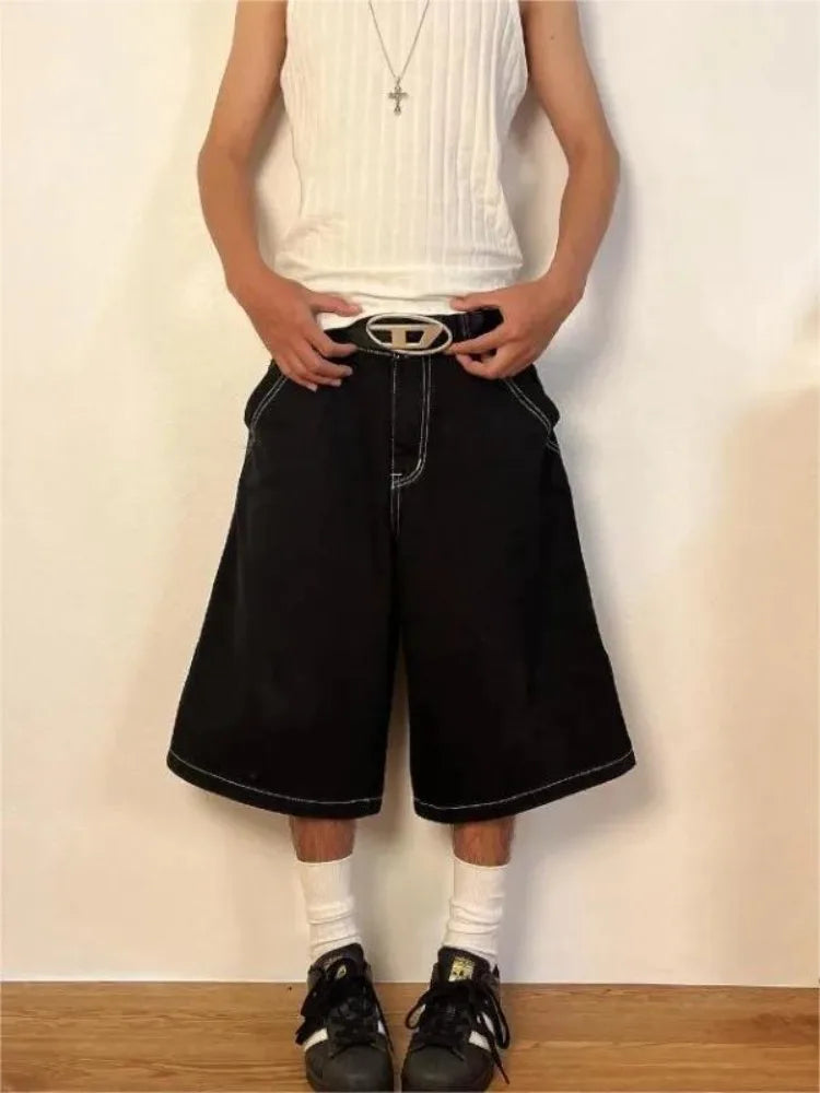 BLACK CULOTTES WITH WHITE STITCHING MENS HIP HOP EMBROIDERED DENIM