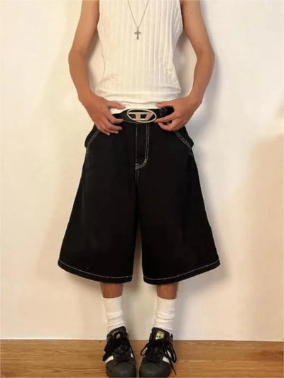 BLACK CULOTTES WITH WHITE STITCHING MENS HIP HOP EMBROIDERED DENIM