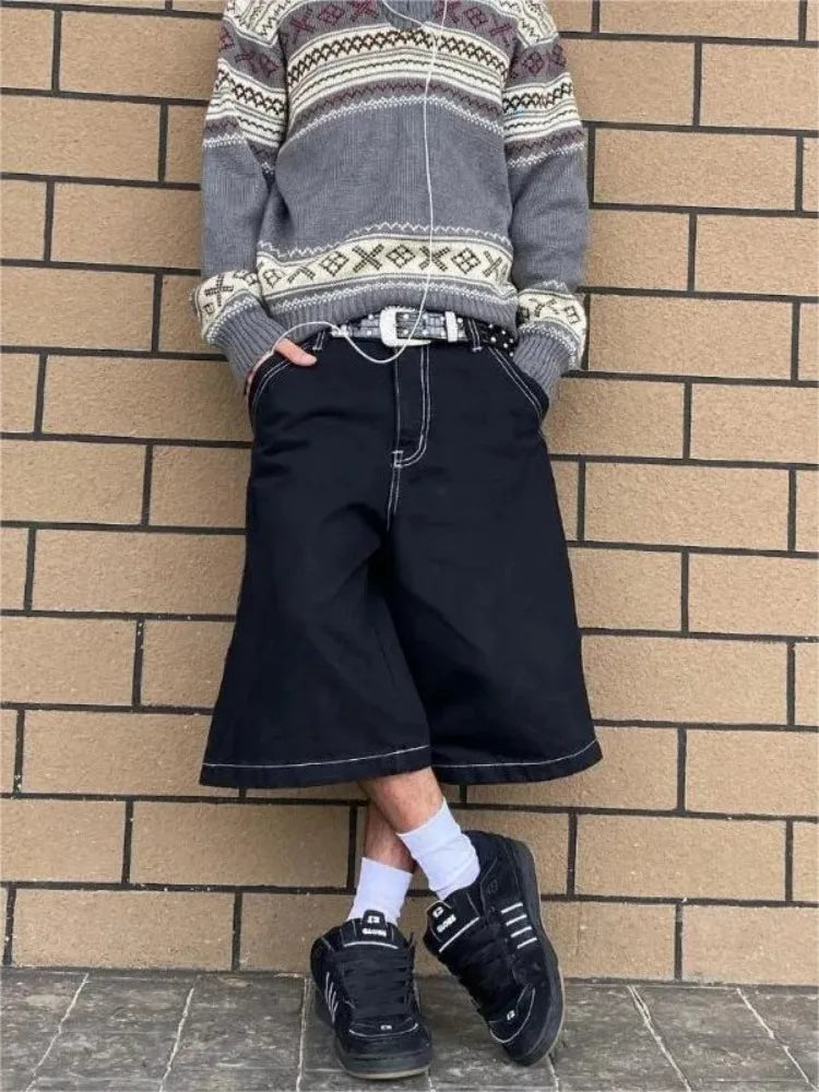 BLACK CULOTTES WITH WHITE STITCHING MENS HIP HOP EMBROIDERED DENIM