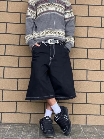BLACK CULOTTES WITH WHITE STITCHING MENS HIP HOP EMBROIDERED DENIM