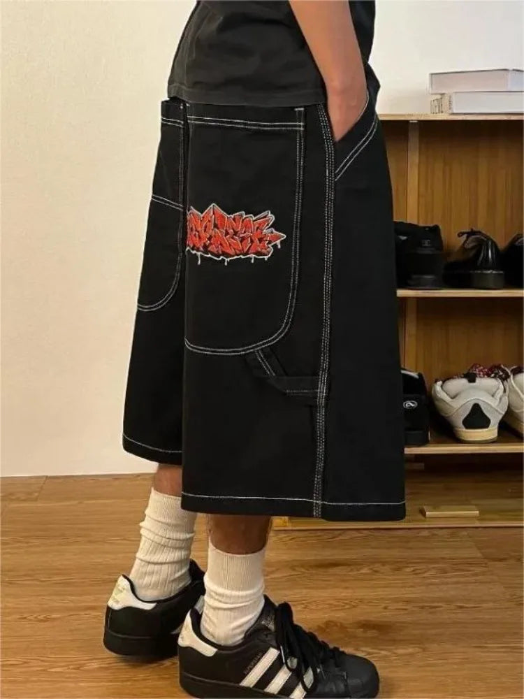BLACK CULOTTES WITH WHITE STITCHING MENS HIP HOP EMBROIDERED DENIM
