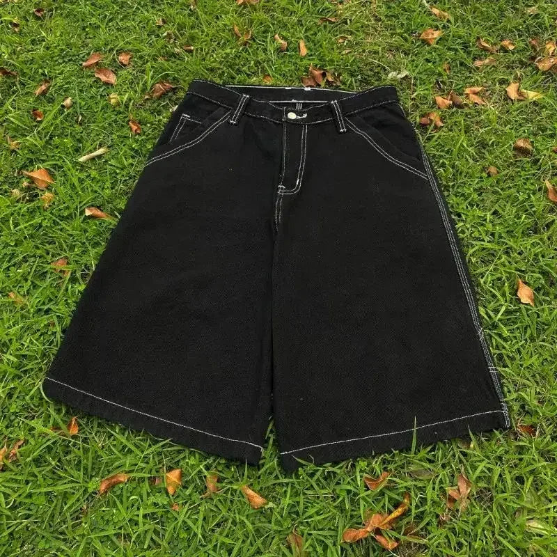 BLACK CULOTTES WITH WHITE STITCHING MENS HIP HOP EMBROIDERED DENIM