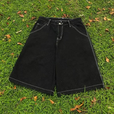 BLACK CULOTTES WITH WHITE STITCHING MENS HIP HOP EMBROIDERED DENIM