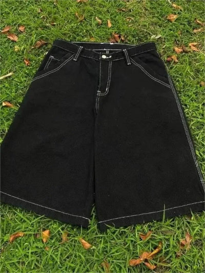 BLACK CULOTTES WITH WHITE STITCHING MENS HIP HOP EMBROIDERED DENIM