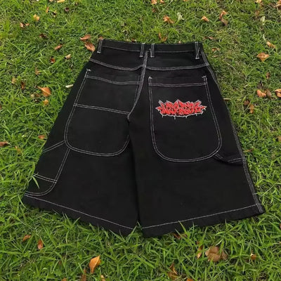 BLACK CULOTTES WITH WHITE STITCHING MENS HIP HOP EMBROIDERED DENIM