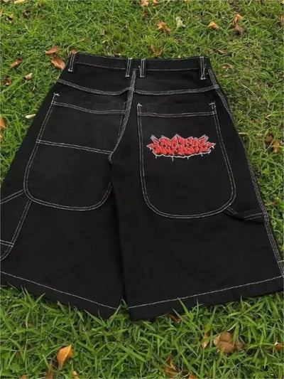 BLACK CULOTTES WITH WHITE STITCHING MENS HIP HOP EMBROIDERED DENIM