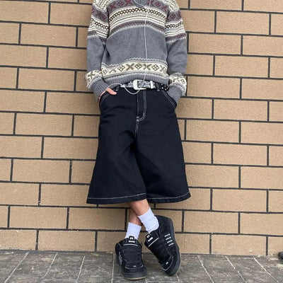 BLACK CULOTTES WITH WHITE STITCHING MENS HIP HOP EMBROIDERED DENIM