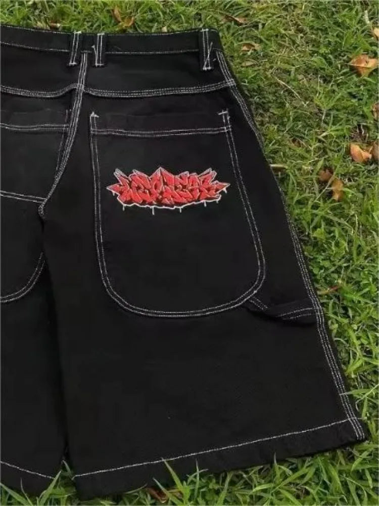 BLACK CULOTTES WITH WHITE STITCHING MENS HIP HOP EMBROIDERED DENIM