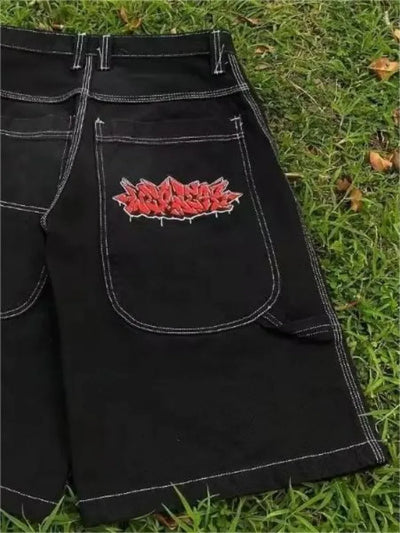 BLACK CULOTTES WITH WHITE STITCHING MENS HIP HOP EMBROIDERED DENIM