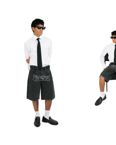 BLACK DENIM SHORTS WITH WHITE GRAPHIC HIP HOP DENIM SHORTS