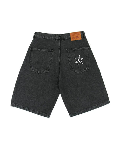 BLACK DENIM SHORTS WITH WHITE GRAPHIC HIP HOP DENIM SHORTS