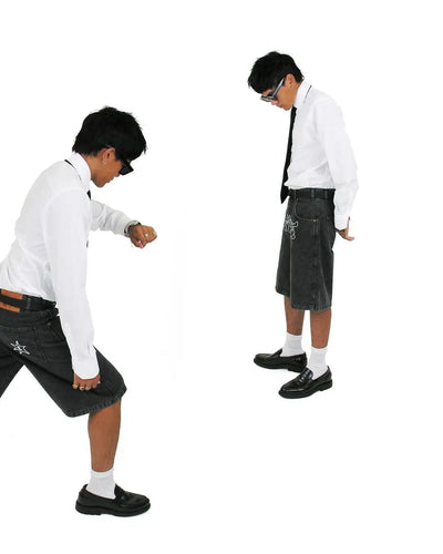 BLACK DENIM SHORTS WITH WHITE GRAPHIC HIP HOP DENIM SHORTS