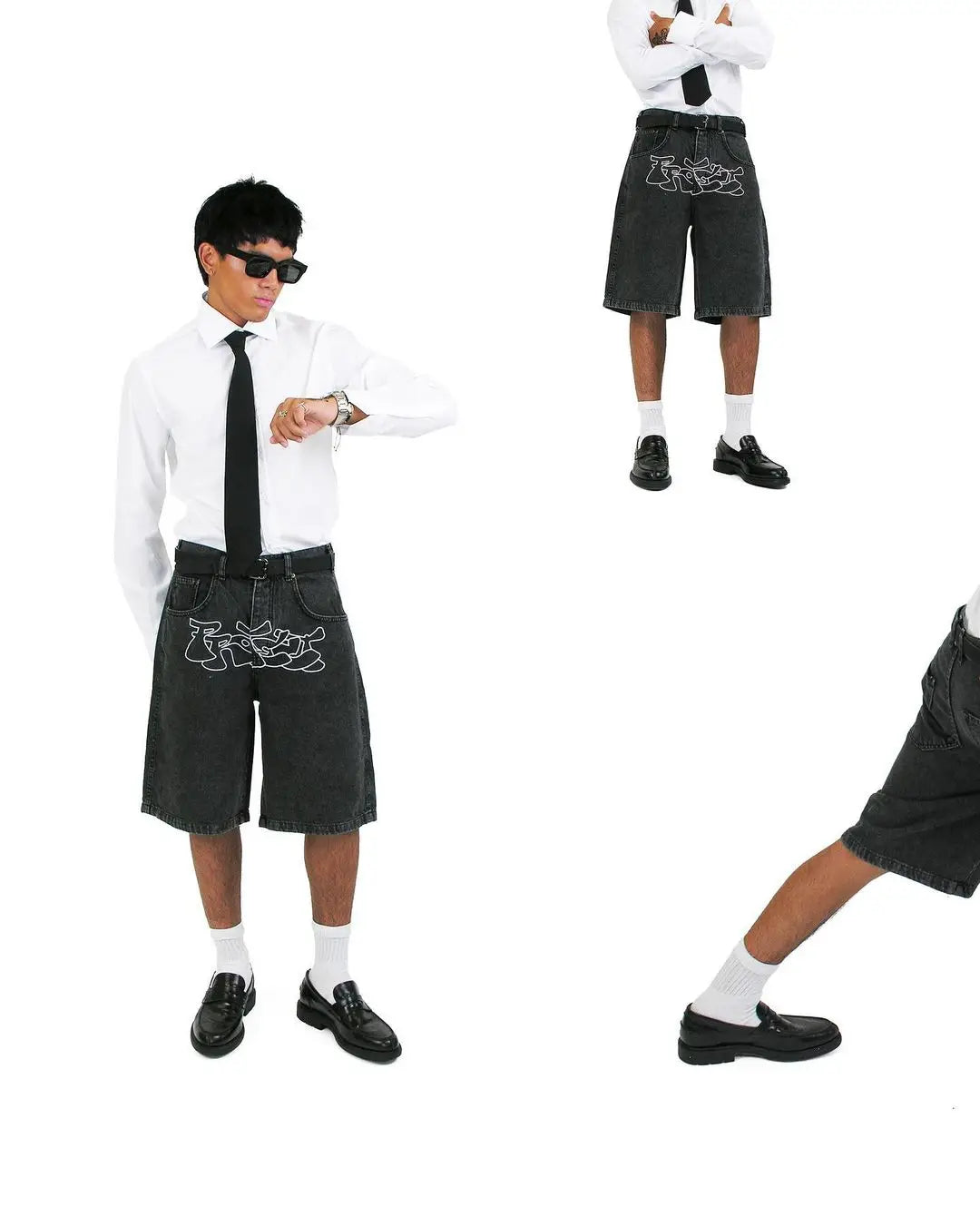 BLACK DENIM SHORTS WITH WHITE GRAPHIC HIP HOP DENIM SHORTS