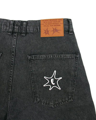 BLACK DENIM SHORTS WITH WHITE GRAPHIC HIP HOP DENIM SHORTS