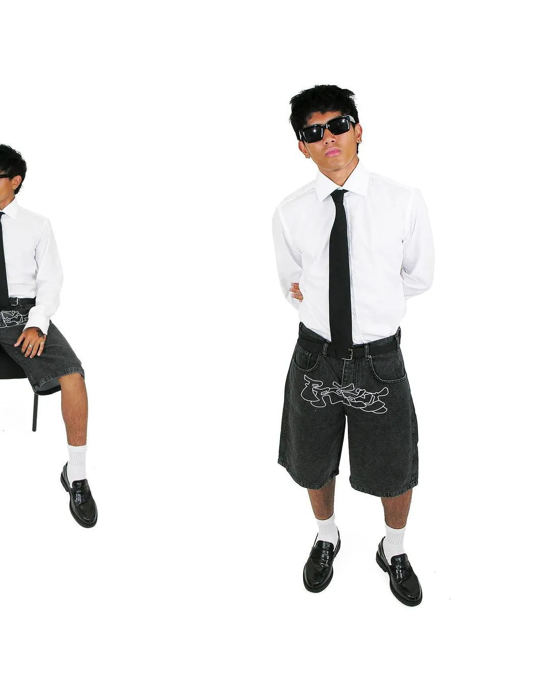 BLACK DENIM SHORTS WITH WHITE GRAPHIC HIP HOP DENIM SHORTS