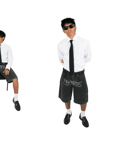 BLACK DENIM SHORTS WITH WHITE GRAPHIC HIP HOP DENIM SHORTS