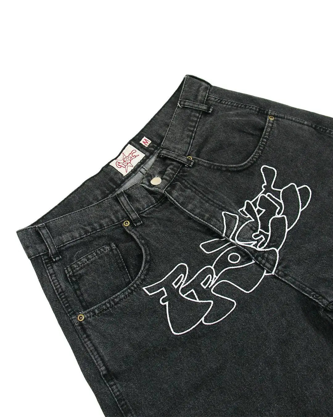 BLACK DENIM SHORTS WITH WHITE GRAPHIC HIP HOP DENIM SHORTS