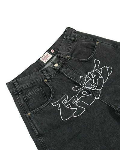BLACK DENIM SHORTS WITH WHITE GRAPHIC HIP HOP DENIM SHORTS
