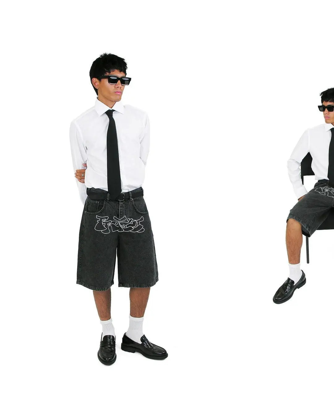 BLACK DENIM SHORTS WITH WHITE GRAPHIC HIP HOP DENIM SHORTS