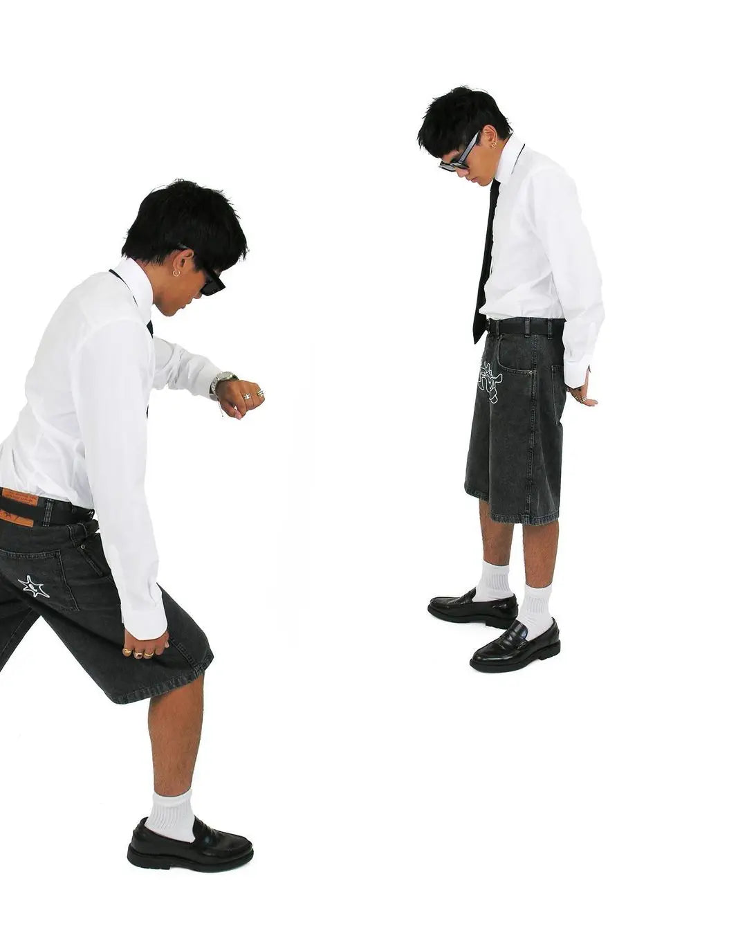 BLACK DENIM SHORTS WITH WHITE GRAPHIC HIP HOP DENIM SHORTS