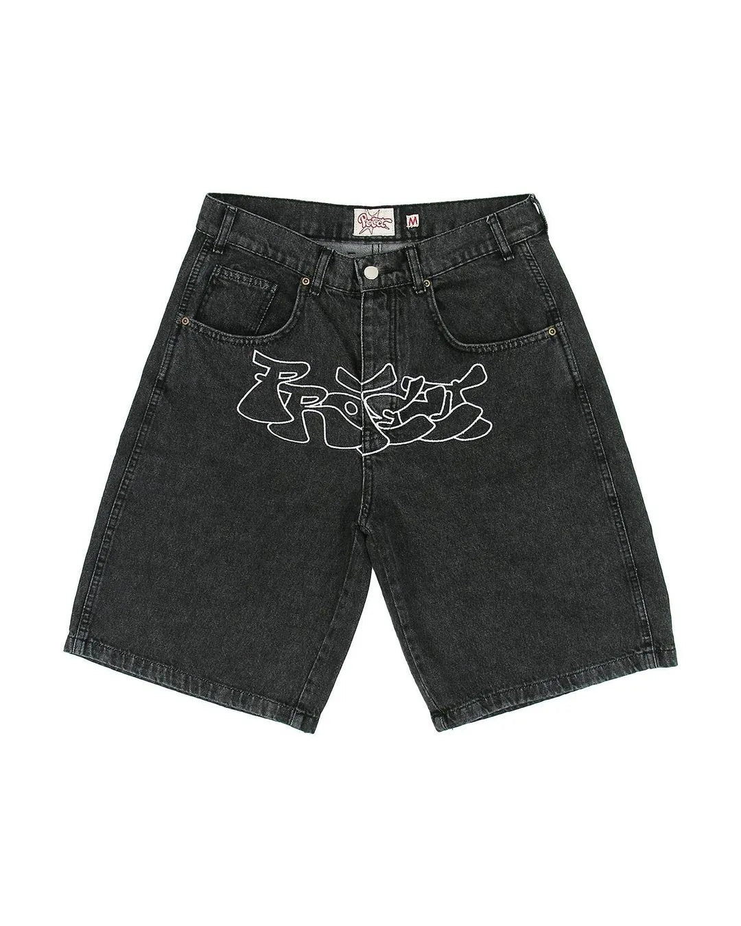 BLACK DENIM SHORTS WITH WHITE GRAPHIC HIP HOP DENIM SHORTS