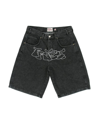 BLACK DENIM SHORTS WITH WHITE GRAPHIC HIP HOP DENIM SHORTS