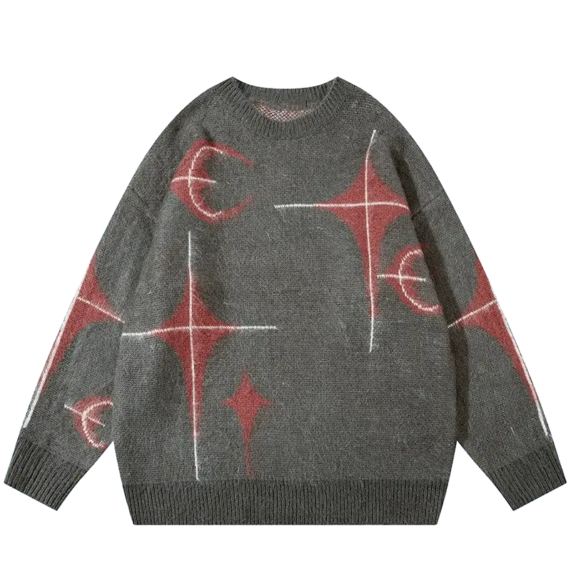 BLACK FUZZY SWEATER WITH STAR GRAPHIC AND LETTER DESIGNS