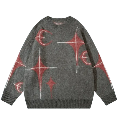 BLACK FUZZY SWEATER WITH STAR GRAPHIC AND LETTER DESIGNS