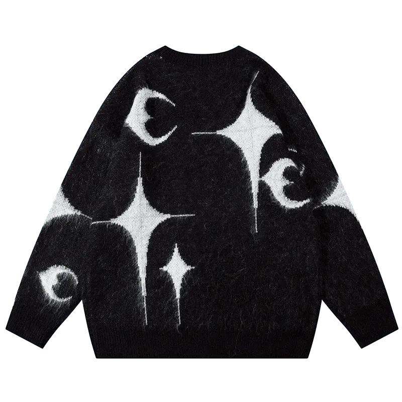 BLACK FUZZY SWEATER WITH STAR GRAPHIC AND LETTER DESIGNS