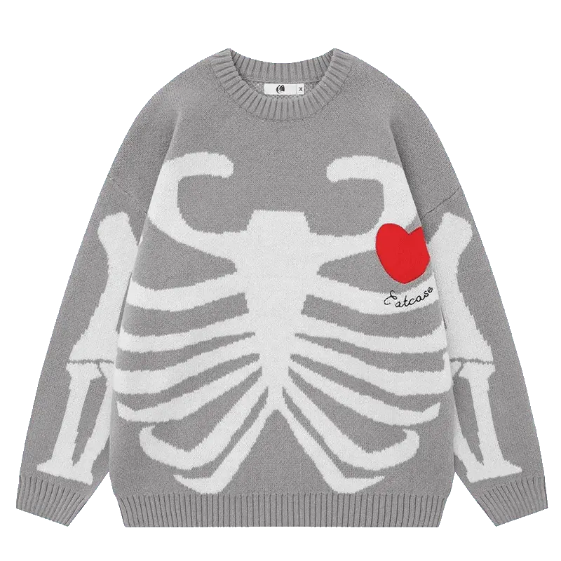 BLACK GRAPHIC SWEATER WITH SKELETON DESIGN AND HEART - SKULL GRAPHIC SWEATER