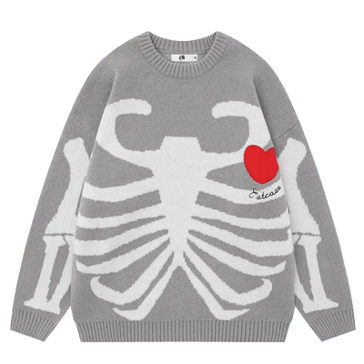 BLACK GRAPHIC SWEATER WITH SKELETON DESIGN AND HEART - SKULL GRAPHIC SWEATER