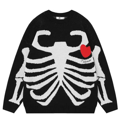 BLACK GRAPHIC SWEATER WITH SKELETON DESIGN AND HEART - SKULL GRAPHIC SWEATER