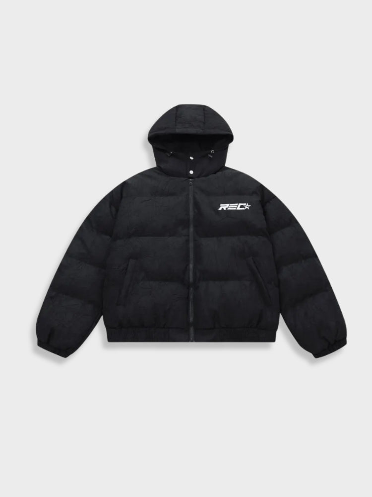BLACK HOODED PUFFER JACKET CONFORTABLE À PORTER