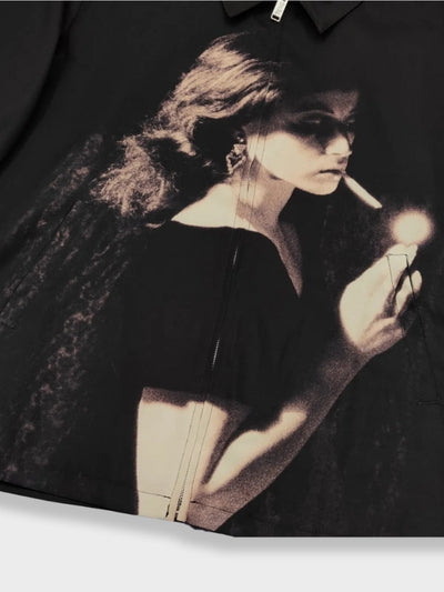 BLACK JACKET WITH WOMAN GRAPHIC - UNISEX STATEMENT PIECE, JACKET SMOKING GIRL