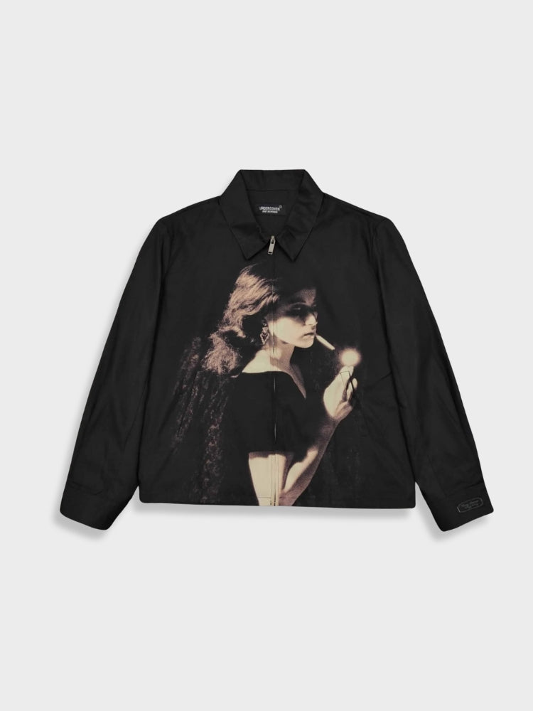 BLACK JACKET WITH WOMAN GRAPHIC - UNISEX STATEMENT PIECE, JACKET SMOKING GIRL