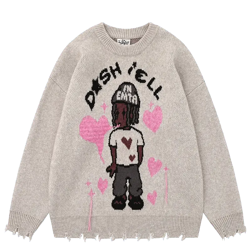 BLACK KNIT SWEATER WITH CARTOON FIGURE AND HEARTS - RETRO CARTOON SWEATER