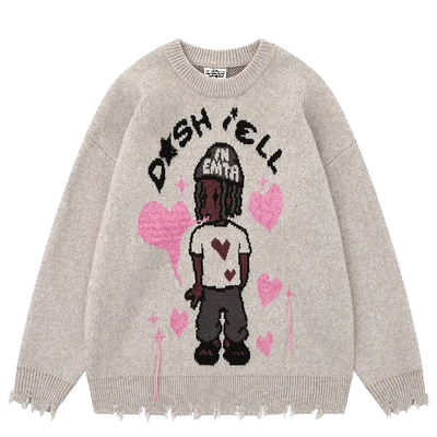 BLACK KNIT SWEATER WITH CARTOON FIGURE AND HEARTS - RETRO CARTOON SWEATER
