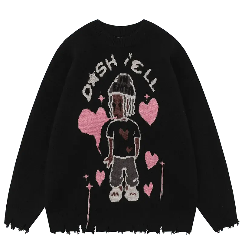 BLACK KNIT SWEATER WITH CARTOON FIGURE AND HEARTS - RETRO CARTOON SWEATER
