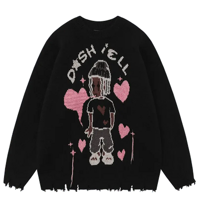 BLACK KNIT SWEATER WITH CARTOON FIGURE AND HEARTS - RETRO CARTOON SWEATER