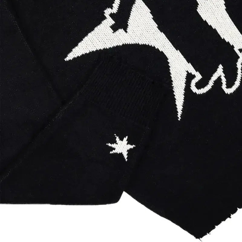 BLACK KNIT SWEATER WITH GRAPHIC - LONG SLEEVE SWEATER PULLOVERS