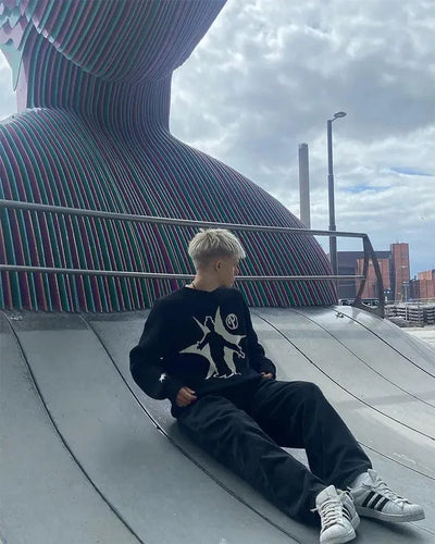 BLACK KNIT SWEATER WITH GRAPHIC - LONG SLEEVE SWEATER PULLOVERS