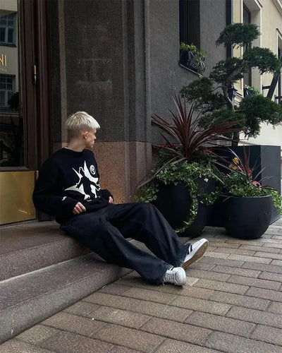 BLACK KNIT SWEATER WITH GRAPHIC - LONG SLEEVE SWEATER PULLOVERS