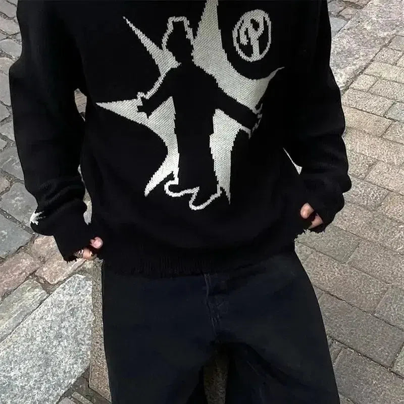BLACK KNIT SWEATER WITH GRAPHIC - LONG SLEEVE SWEATER PULLOVERS