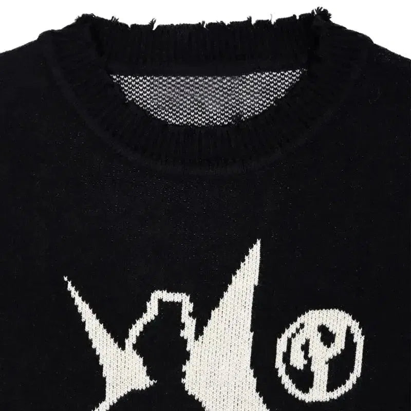 BLACK KNIT SWEATER WITH GRAPHIC - LONG SLEEVE SWEATER PULLOVERS