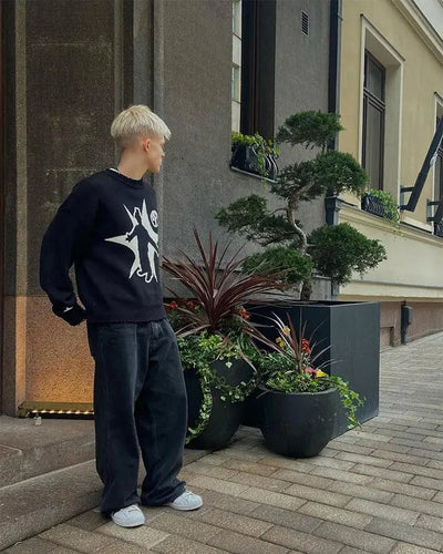 BLACK KNIT SWEATER WITH GRAPHIC - LONG SLEEVE SWEATER PULLOVERS