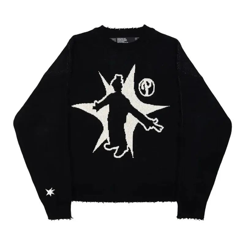 BLACK KNIT SWEATER WITH GRAPHIC - LONG SLEEVE SWEATER PULLOVERS