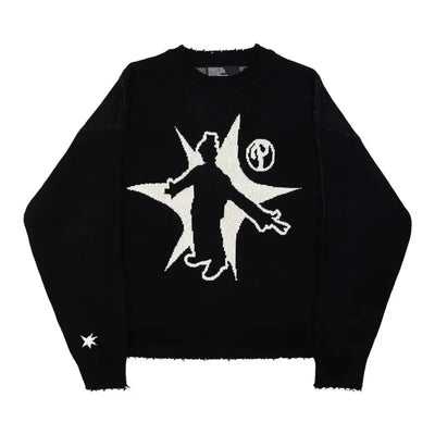 BLACK KNIT SWEATER WITH GRAPHIC - LONG SLEEVE SWEATER PULLOVERS