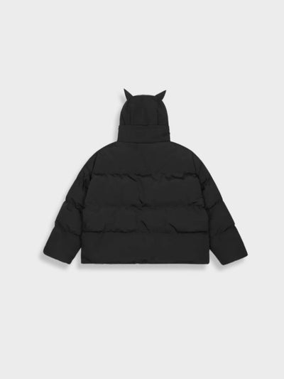 BLACK PUFFER JACKET WITH CAT-EAR HOOD - DEVIL PARKA FASHION FORWARD