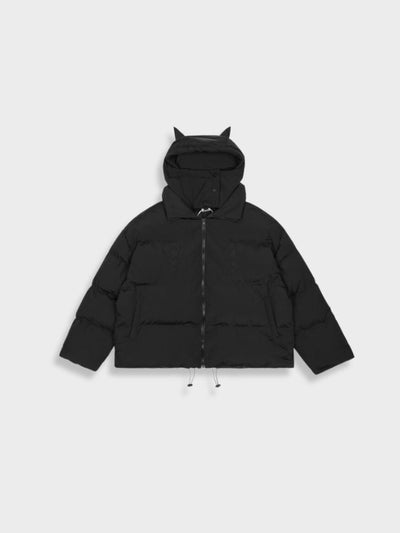 BLACK PUFFER JACKET WITH CAT-EAR HOOD - DEVIL PARKA FASHION FORWARD